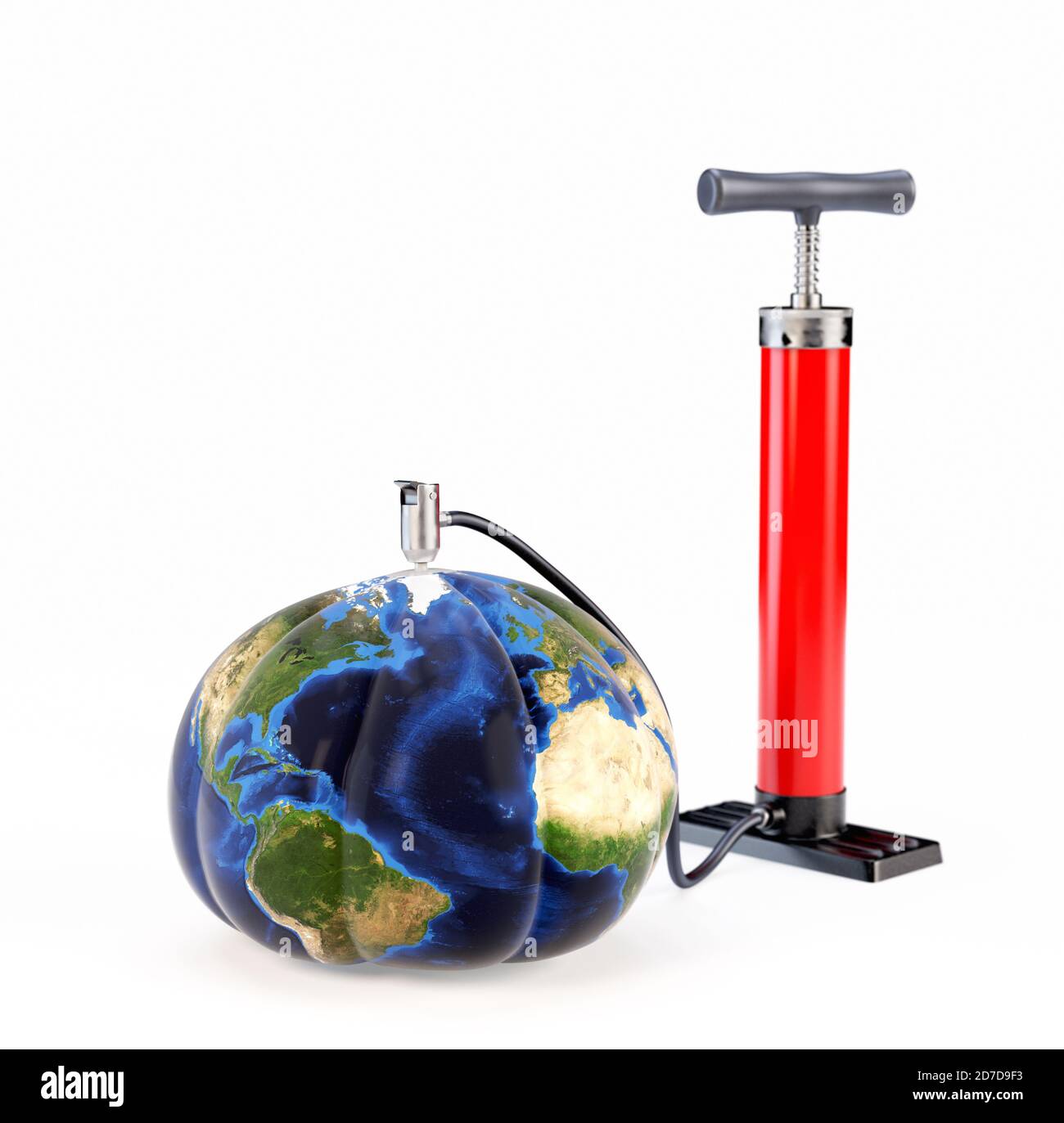 Ballon de plage dégonflé avec carte de la terre et pompe rouge. Enregistrez le concept de la Terre. Illustration 3D Banque D'Images