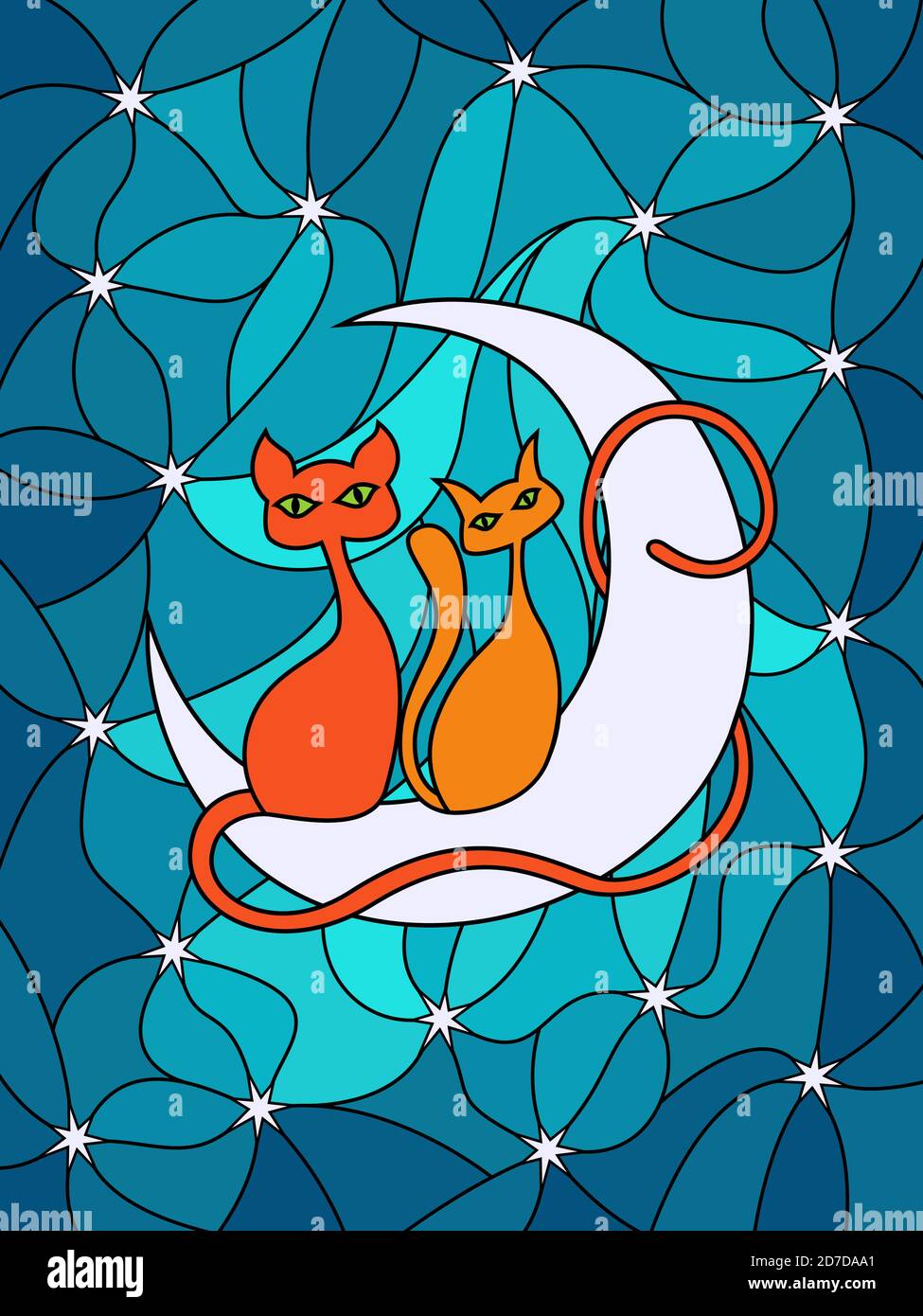 Silhouette de deux chats avec une queue enveloppant la lune, fenêtre colorée en sourdine pour une chambre d'enfant Illustration de Vecteur