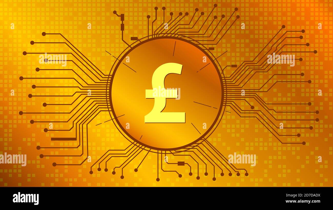 Livre Sterling GBP coin symbole dans le cercle avec des pistes PCB sur fond doré. Icône devise anglaise. Vecteur EPS10. Illustration de Vecteur