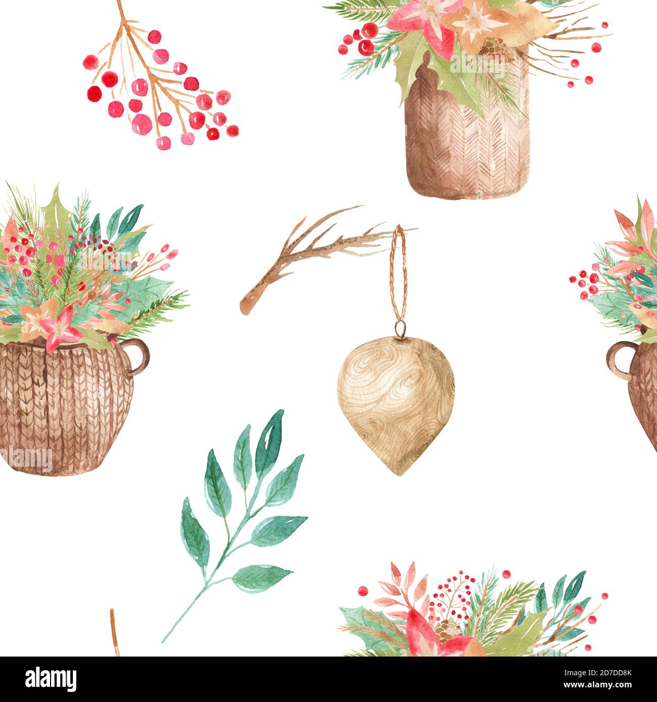 Panier en osier à motif sans couture composition fleurs, branches, feuilles, baies, aiguilles, vert à feuilles persistantes. Décoration d'hiver avec éléments floraux pour l'intérieur de la maison Banque D'Images