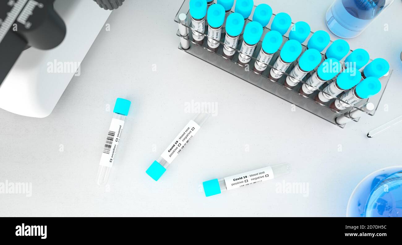 Analyse de sang du coronavirus dans un laboratoire pour Covid-19 vue du dessus. Dépistage médical Covid. Les échantillons de sang dans les tubes à essai en verre sont à plat. rendu 3d. Banque D'Images