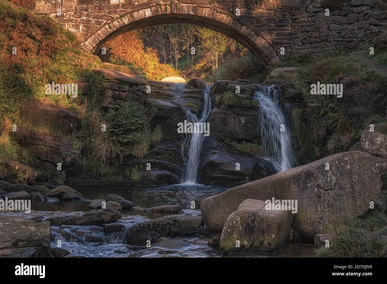 Trois têtes de shire. Une chute d'eau et un pont en pierre à trois Shires Head dans le parc national de Peak District. Banque D'Images