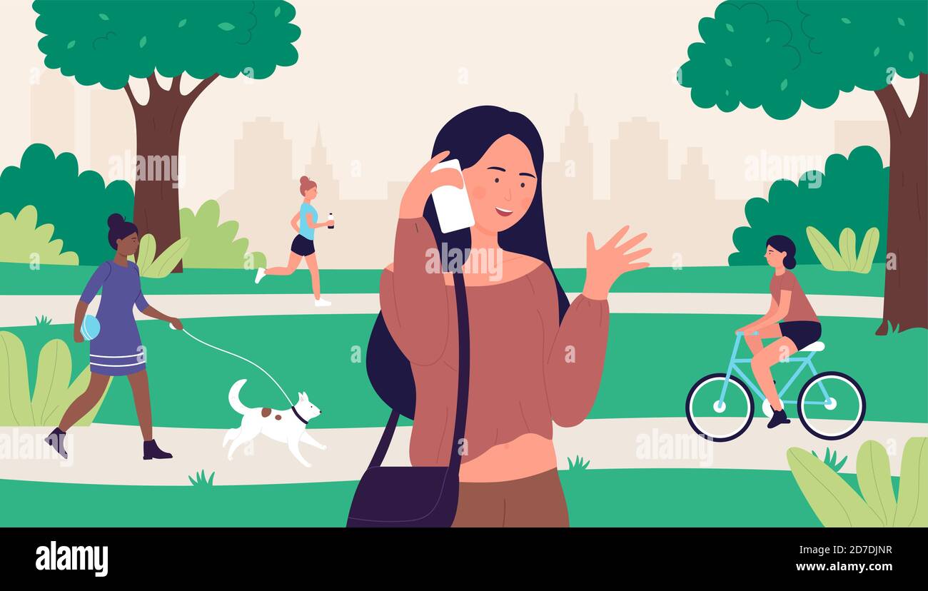 Femme avec téléphone dans l'illustration vectorielle de parc urbain. Dessin animé jeune femme personnage debout dans le parc d'été paysage urbain, femme parlant et marchant à l'extérieur, communication par smartphone technologie de fond Illustration de Vecteur
