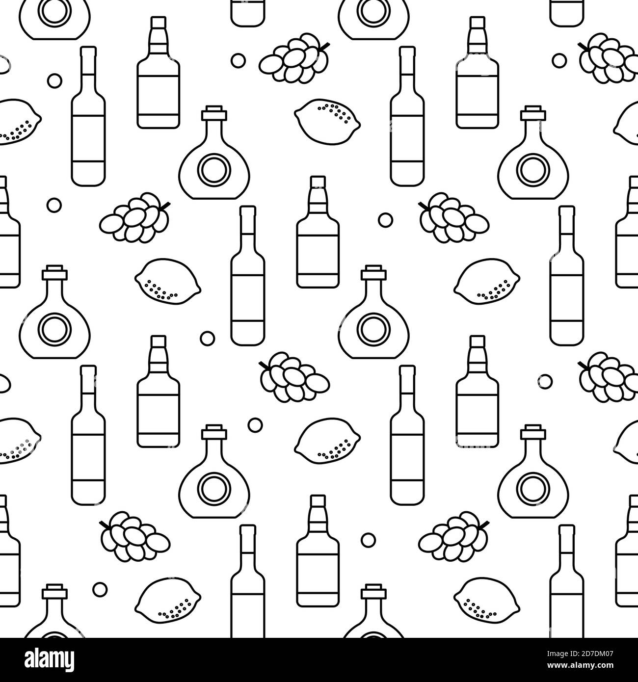 Flacons d'illustration Vector à motif sans couture pour boissons alcoolisées, raisins, citron, lunettes de vin. Magasin de vins et spiritueux, bar marché des boissons alcoolisées concept Barman W Illustration de Vecteur