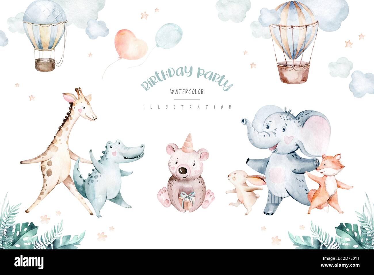 Éléphant d'aquarelle dessiné à la main et animaux de danse crocodile. Illustrations de boho, arbre de jungle, brésil art branché parfait pour la conception de tissu. Aloha Banque D'Images