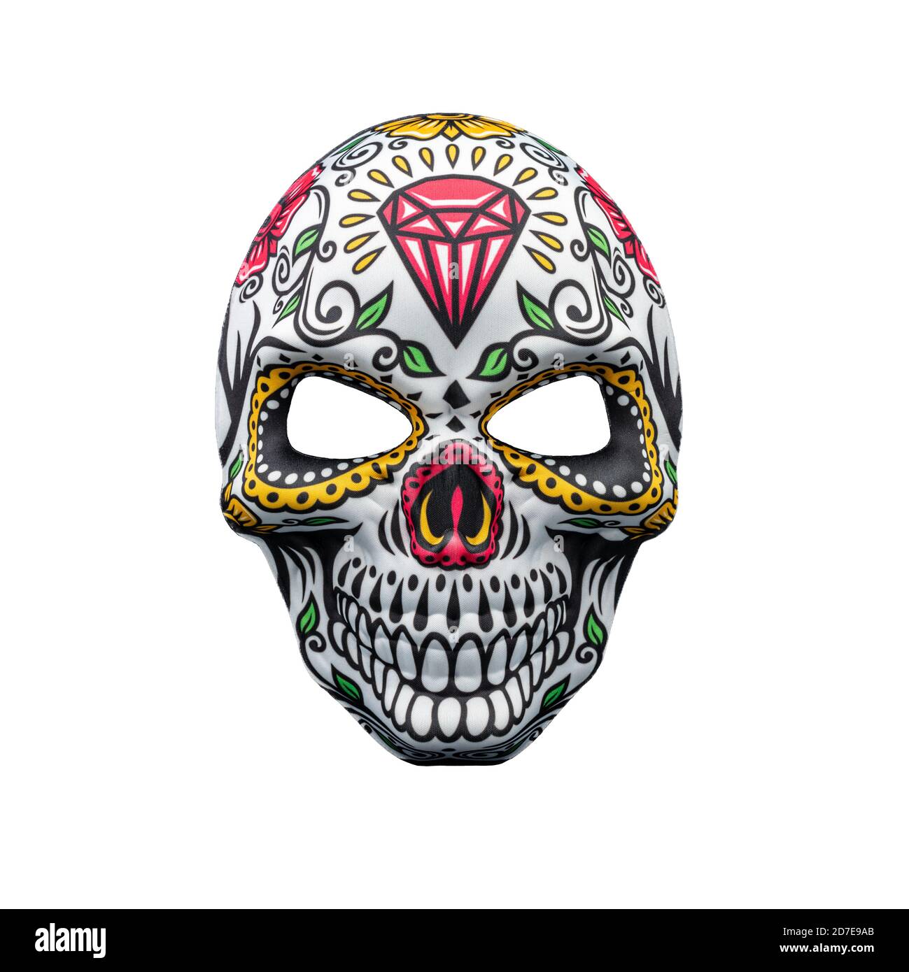 Masque d'Halloween représentant un crâne mexicain traditionnel avec un motif floral coloré isolé sur un fond blanc. Banque D'Images