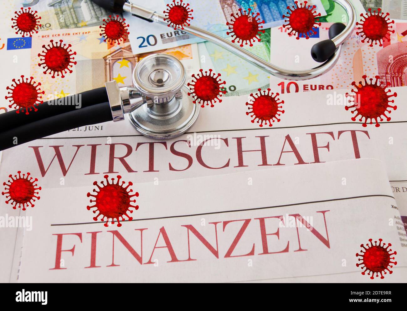 Wirtschaft und Finanzen Zeitung mit bargeld, Stethoskop und Corona virus Banque D'Images