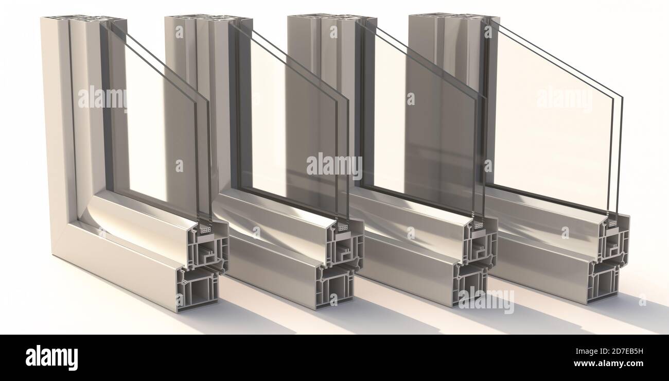 Cadres profilés en aluminium double vitrage isolé sur fond blanc. Les  fenêtres et portes en PVC de couleur argent sont en coupe transversale.  Illustration 3D Photo Stock - Alamy