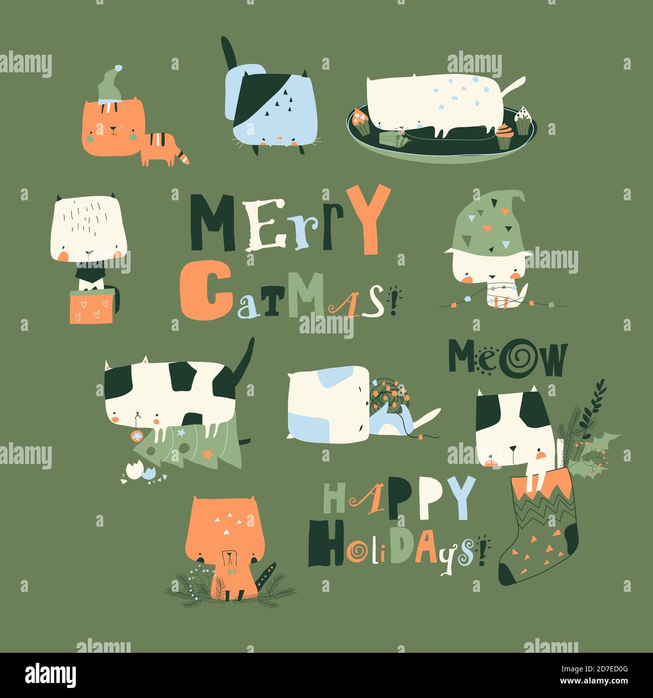 Ensemble de jolis chats fous avec éléments de Noël Illustration de Vecteur