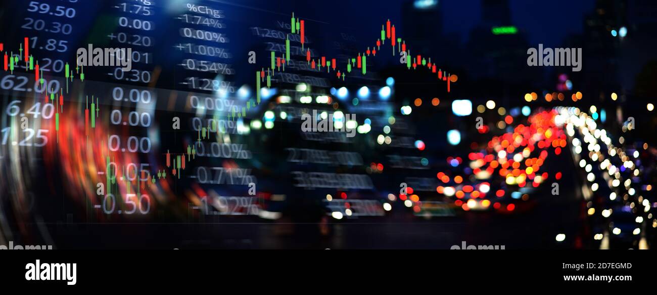 croissance bougie bâton graphique ligne de stock de commerce markrt et numéro d'index sur glow blur city light bannière arrière-plan commercial Banque D'Images