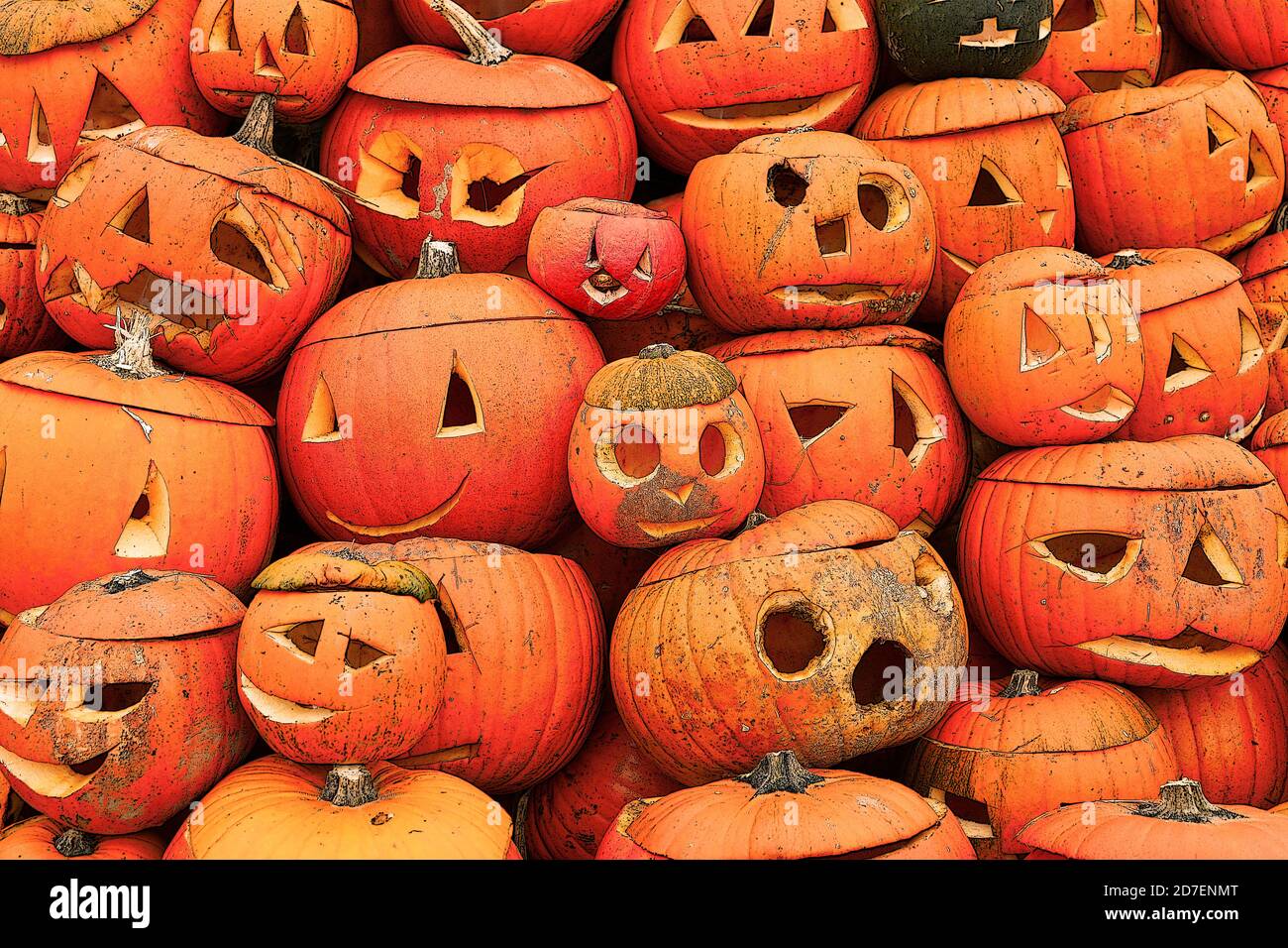 Arrière-plan d'Halloween de tas de citrouilles sculptées d'Halloween pendant la journée. Filtré dans le style d'une mise en plan. Banque D'Images
