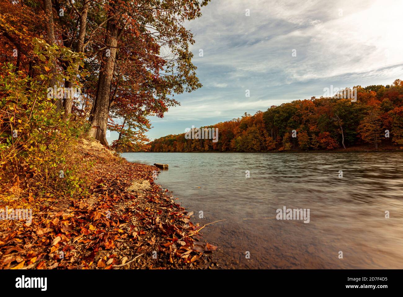 Un paysage d'automne pittoresque au parc Black Hill avec un lac entouré d'une forêt épaisse. Les arbres sont recouverts de tons automnaux éclatants. Il y a fal Banque D'Images