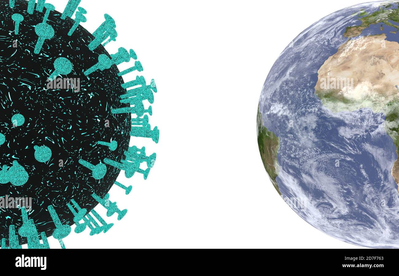 rendu 3d de la moitié d'une cellule du coronavirus et de la moitié d'une planète terre entièrement texturée sur les côtés opposés, tous deux devant un fond blanc sans fin. Banque D'Images