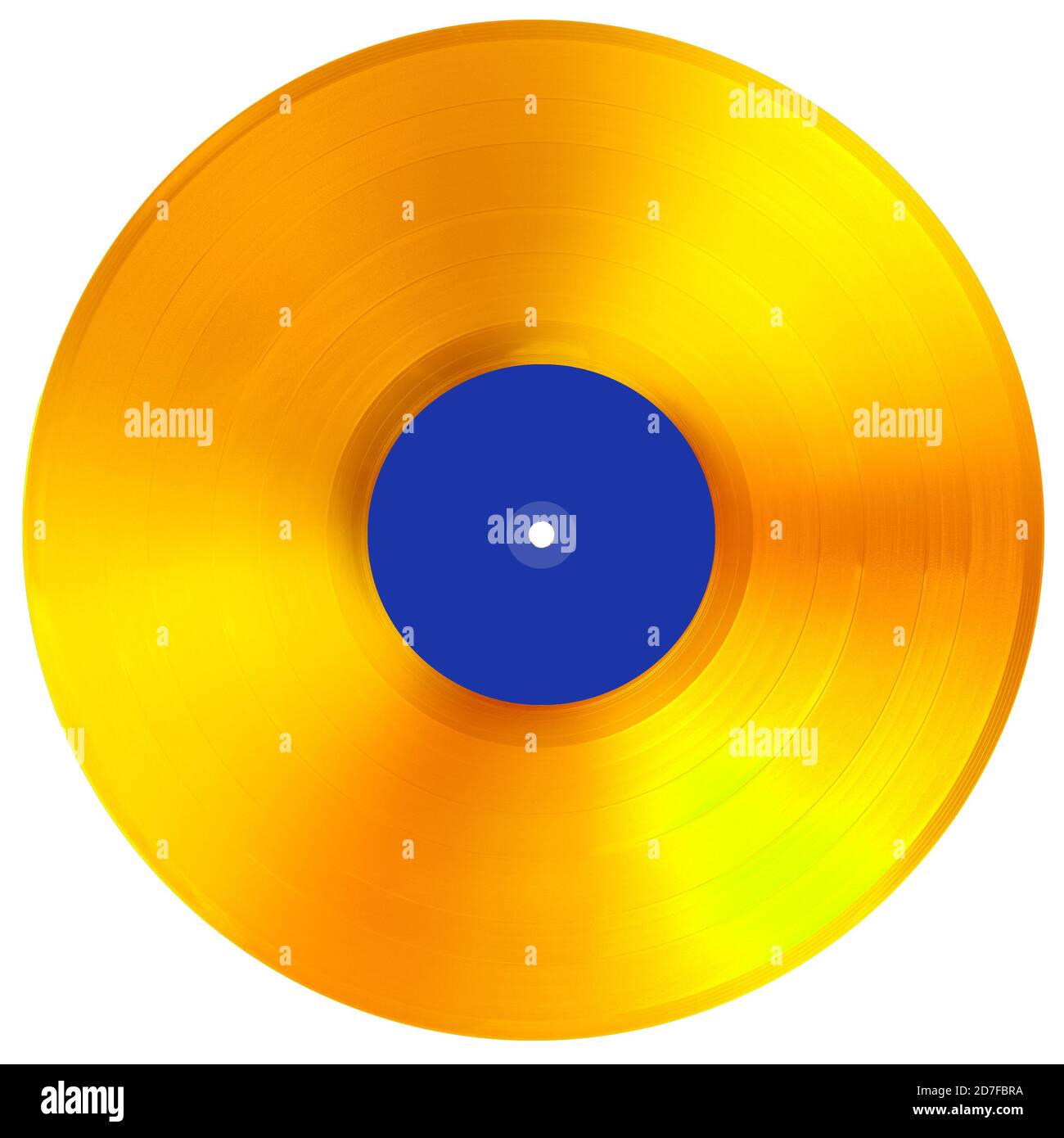 Disque de musique en VINYLE doré primé isolé. Étiquette bleue vierge, maquette. Banque D'Images