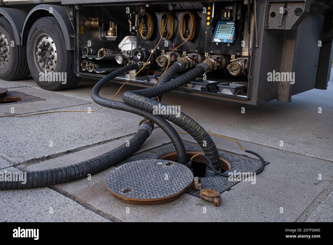 un camion-citerne remplit les réservoirs d'une station de remplissage via  les flexibles Photo Stock - Alamy