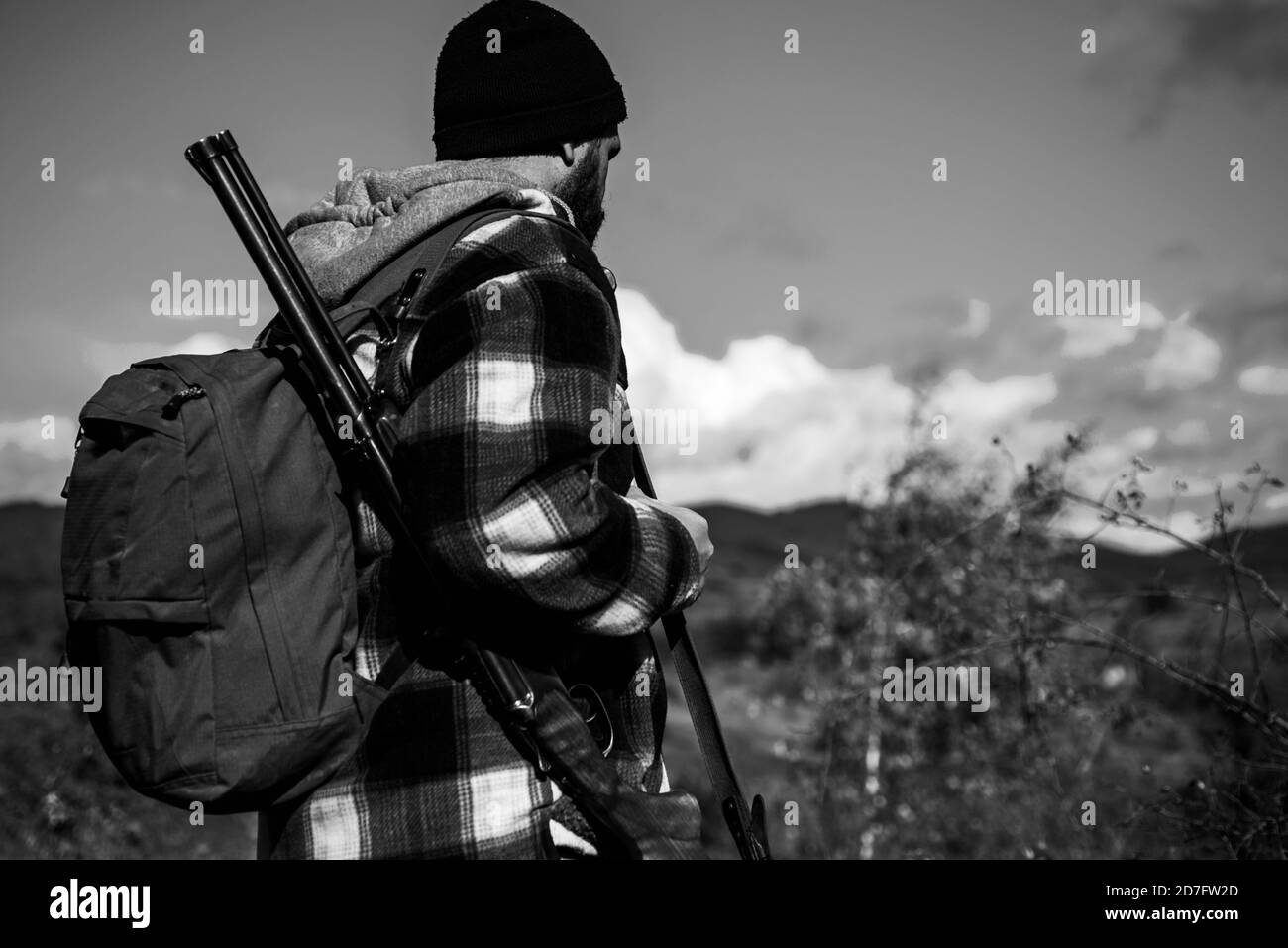 Chasse illégale Poacher dans la forêt. Chasseur avec fusil de chasse. Fusils de chasse américains. Fusil. Banque D'Images