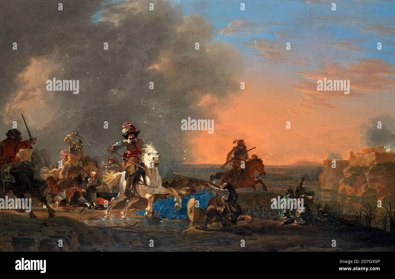 Attaque de cavalerie au coucher du soleil - Jan Asselijn, 1646 Banque D'Images
