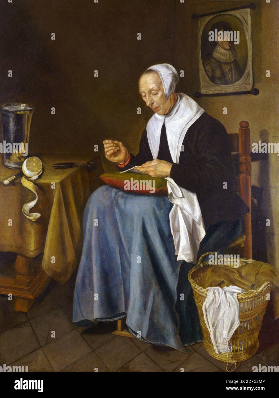 Une vieille femme assise couture - Johannes van der Aeck, 1655 Banque D'Images