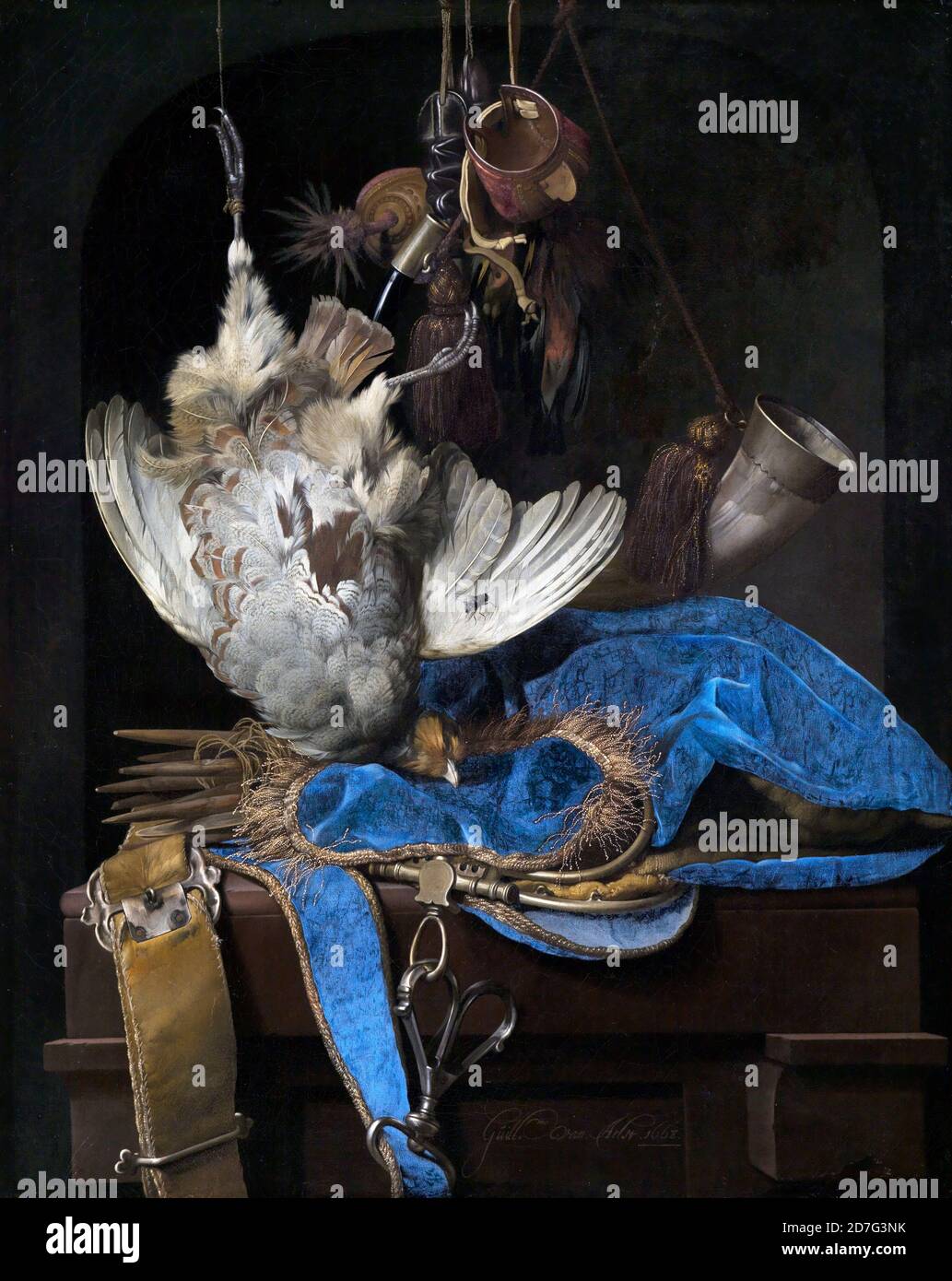 Encore la vie avec les fruits de la chasse - encore la vie avec l'équipement de chasse et les oiseaux morts - Willem van Aelst, 1668 Banque D'Images