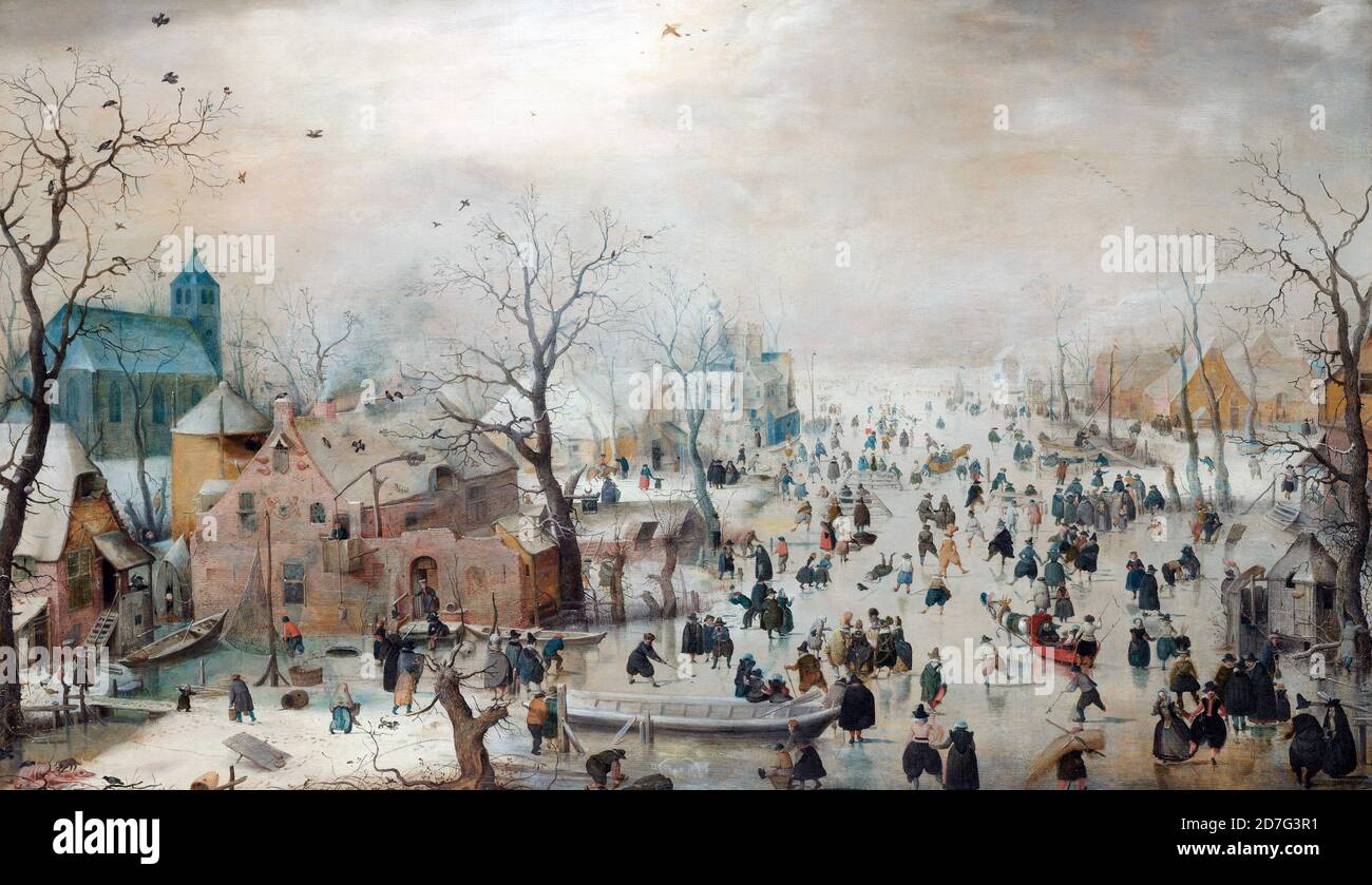 Paysage d'hiver avec patineurs de glace - Hendrick Avercamp, 1608 Banque D'Images