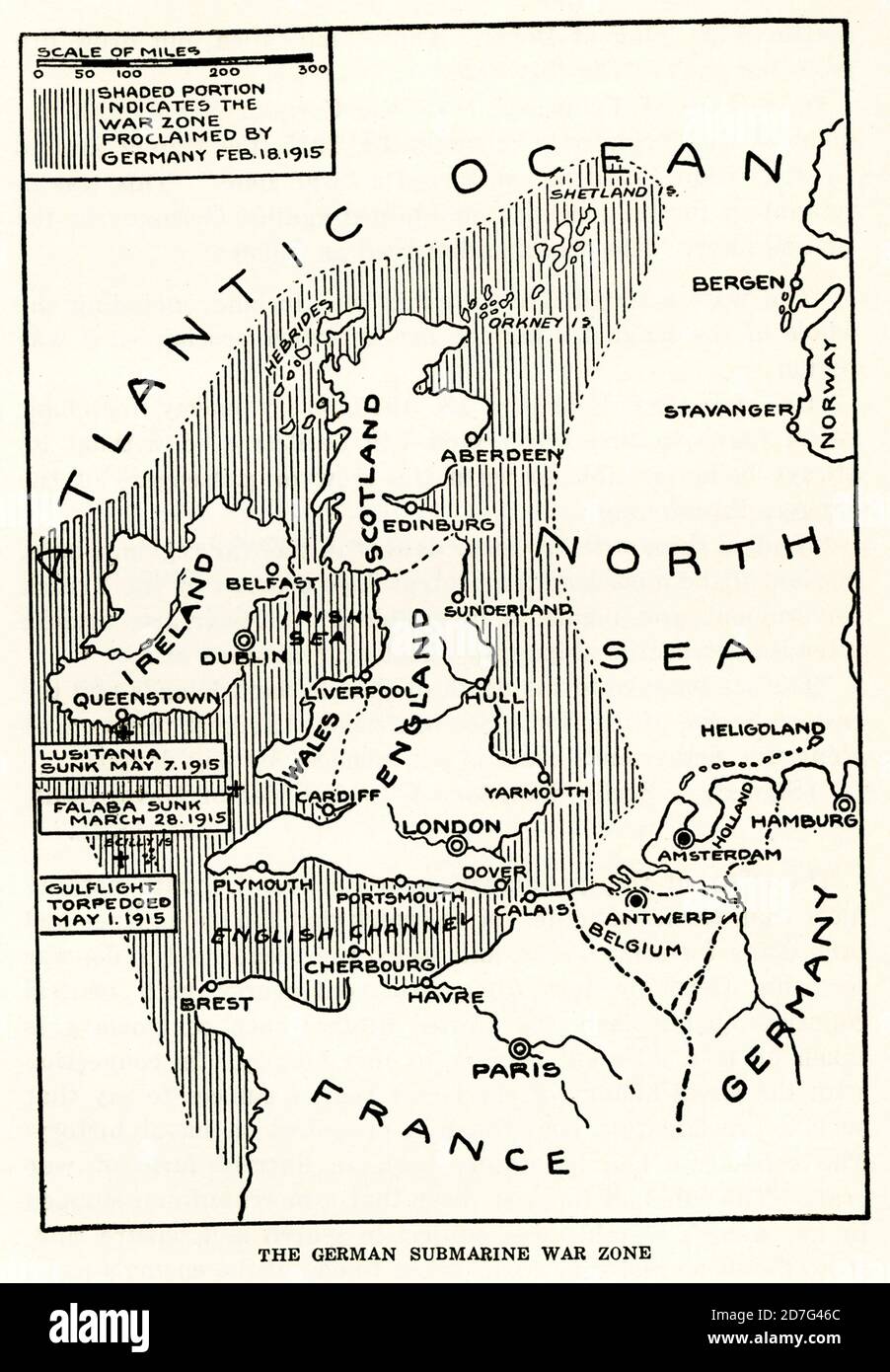 Cette carte de 1916 montre la zone de guerre sous-marine allemande dans la première Guerre mondiale à cette époque. Notez que la légende indique : la partie ombrée indique les zones de guerre proclamées par l'allemand le 18 février 1915. Banque D'Images