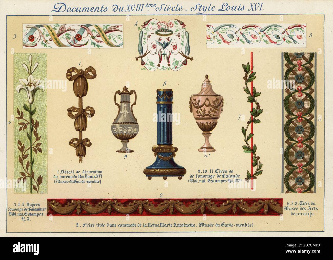 Éléments de design de l'époque du roi Louis XVI, XVIIIe siècle. 1 détail de décoration du bureau de Louis XVI, 2 frises de la commode de la reine Marie-Antoinette, 3-5 après François Salembier, 6-8 du Musée des arts décoratifs. Chromolithographie conçue et lithographiée par Ernst Guillot des éléments d'ornement du XVIIIème siècle, éléments d'ornement du XVIIIème siècle, Renouard, Paris, 1890. Banque D'Images