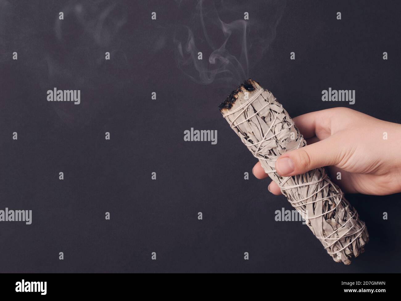 Main tenant un bâton de sauge blanc sur le fond gris. La saga brûlante organique se fait sentir. Nettoyez la maison avec de la fumée aromatique. Banque D'Images