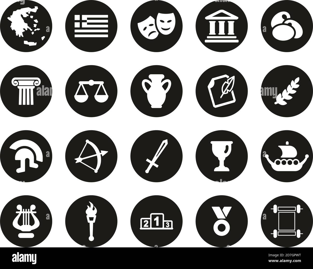 Greece Country & Culture Icons White on Black Flat Design Ensemble de cercles grand Illustration de Vecteur