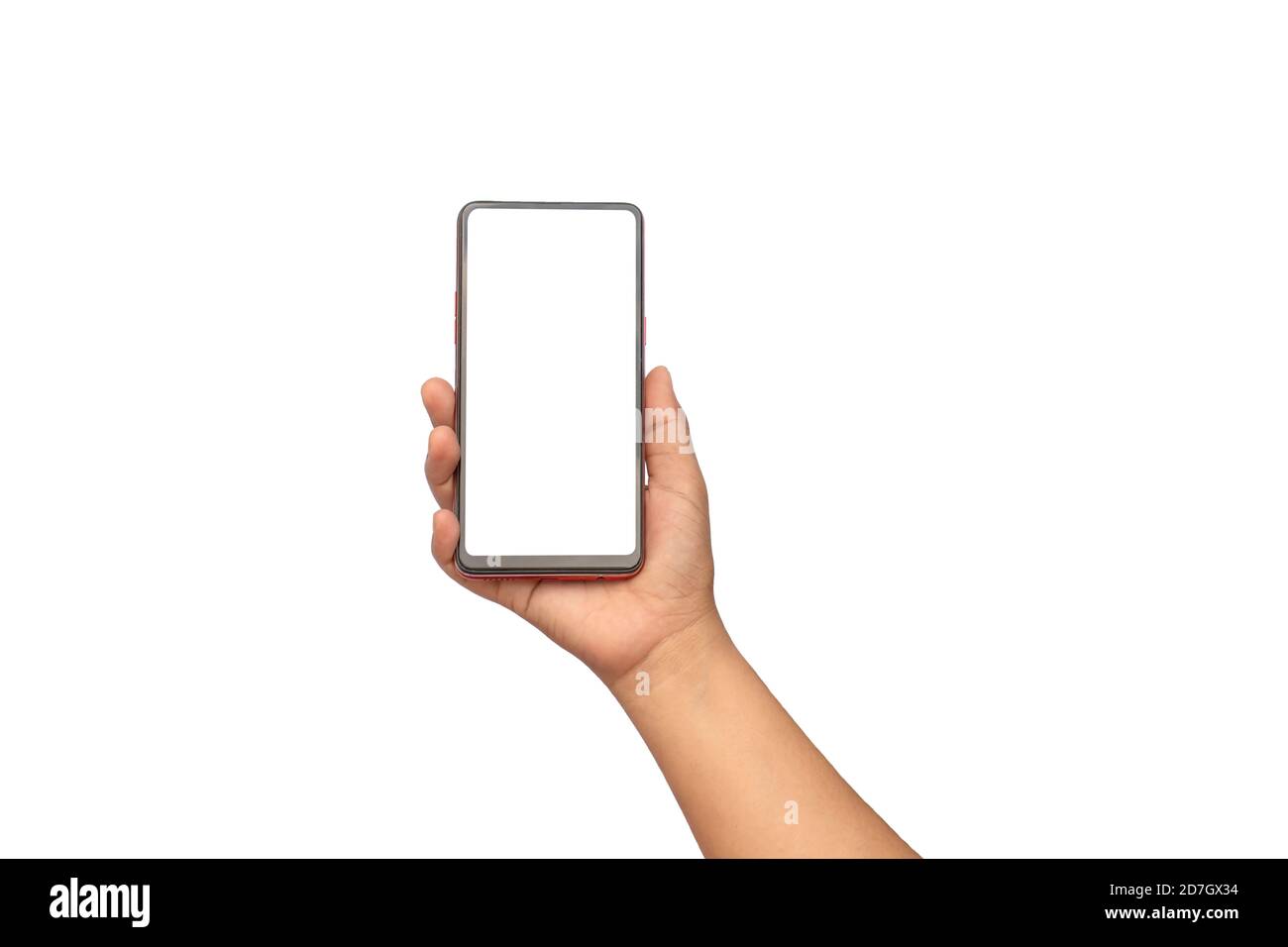 La main tient l'écran blanc, le téléphone portable est isolé sur un fond blanc avec le chemin de coupure. Concept de connexion de communication. Banque D'Images