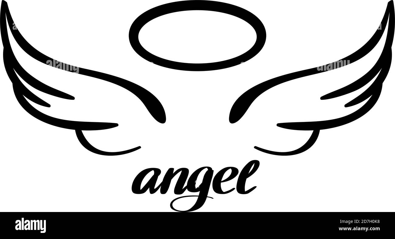 Ange ailes et halo, croquis d'icône , symbole religieux de texte calligraphique du christianisme dessin d'illustration vectorielle à la main Illustration de Vecteur