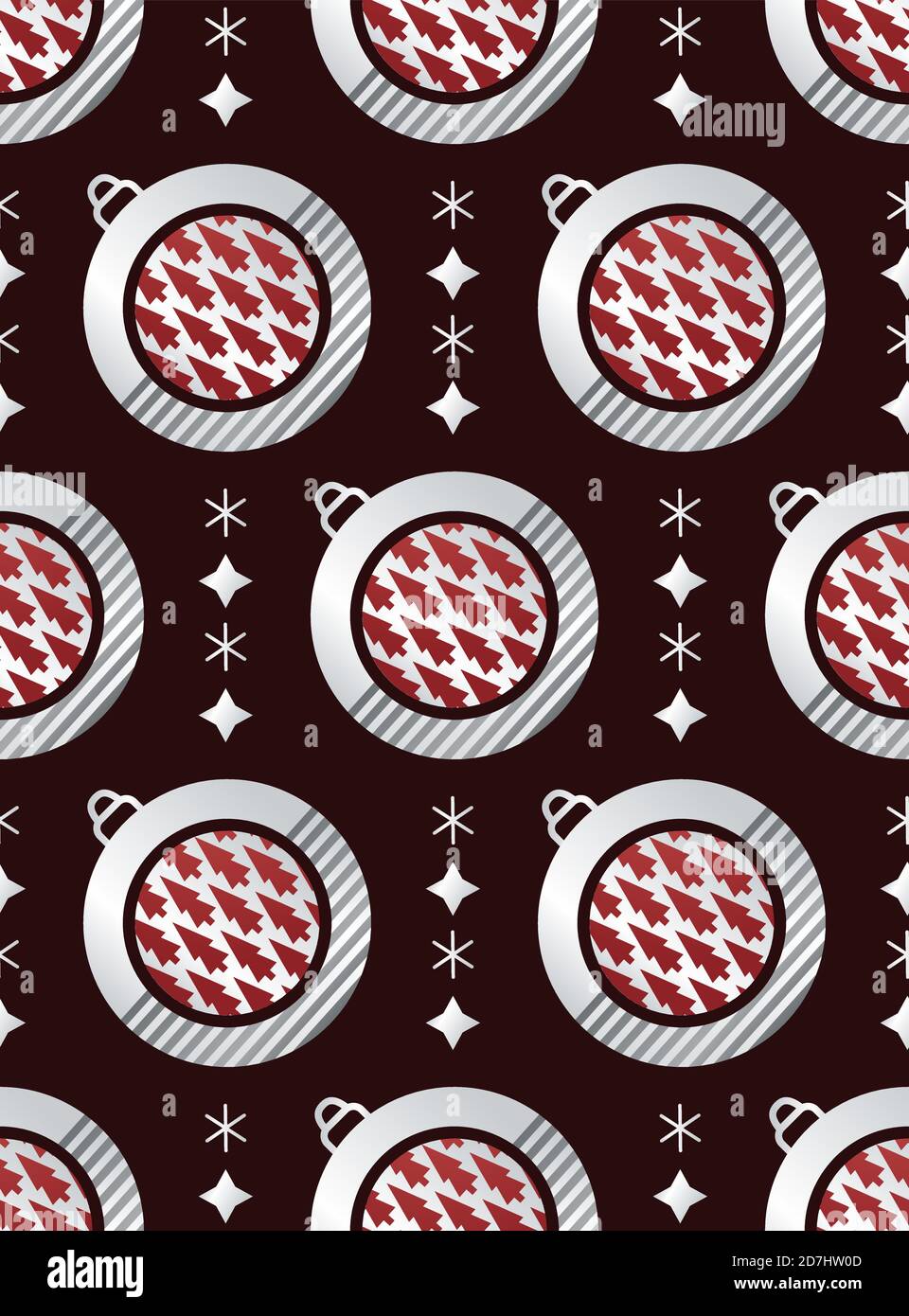 Boules géométriques abstraites de Noël et arbres de Noël. Motif géométrique argent sans couture sur fond rouge foncé Illustration de Vecteur