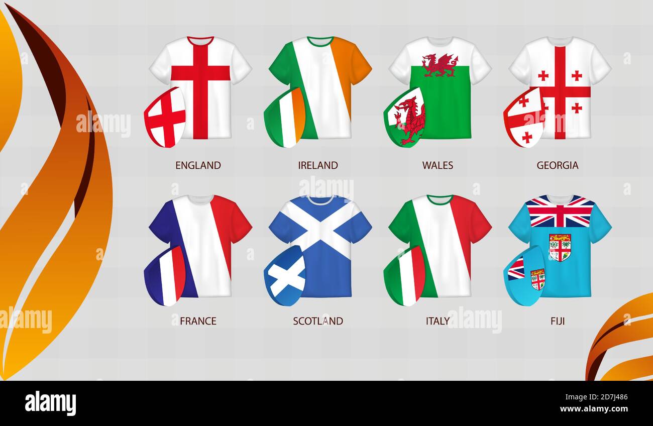 Maillots de rugby avec drapeau des participants de la coupe des nations d'automne. Illustration vectorielle. Illustration de Vecteur