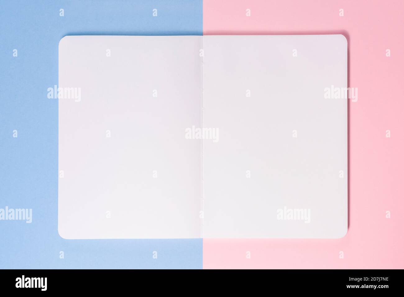 Nettoyez le bloc-notes ou le carnet d'esquisses ouvert avec de l'espace pour le texte sur fond rose et bleu. Bureau de création. Pose à plat. Vue de dessus. Papier peint artistique Banque D'Images