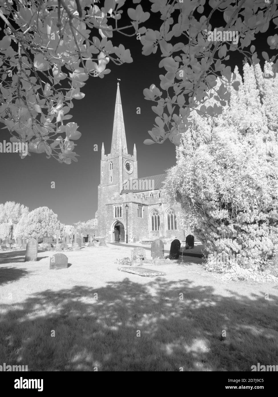 Une image infrarouge noir et blanc de l'église St Andrews à Congresbury, dans le nord du Somerset, en Angleterre. Banque D'Images