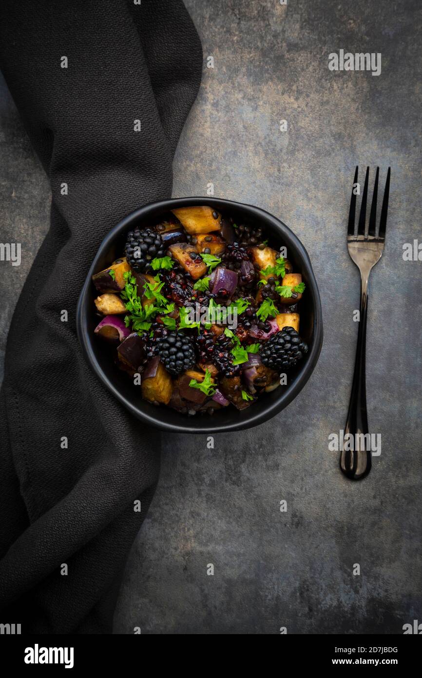 Studio shot de bol de salade végétarienne avec aubergines, lentilles de béluga, oignon espagnol, mûres, vinaigrette et persil Banque D'Images