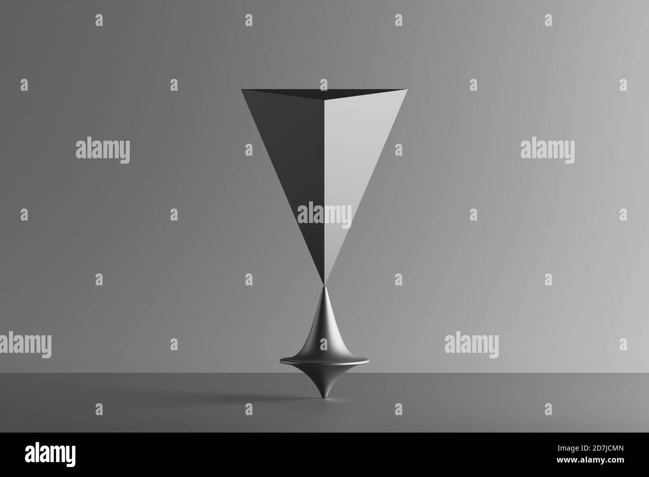 Rendu tridimensionnel de la surface métallique tournant sous une pyramide géométrique debout à l'envers Banque D'Images