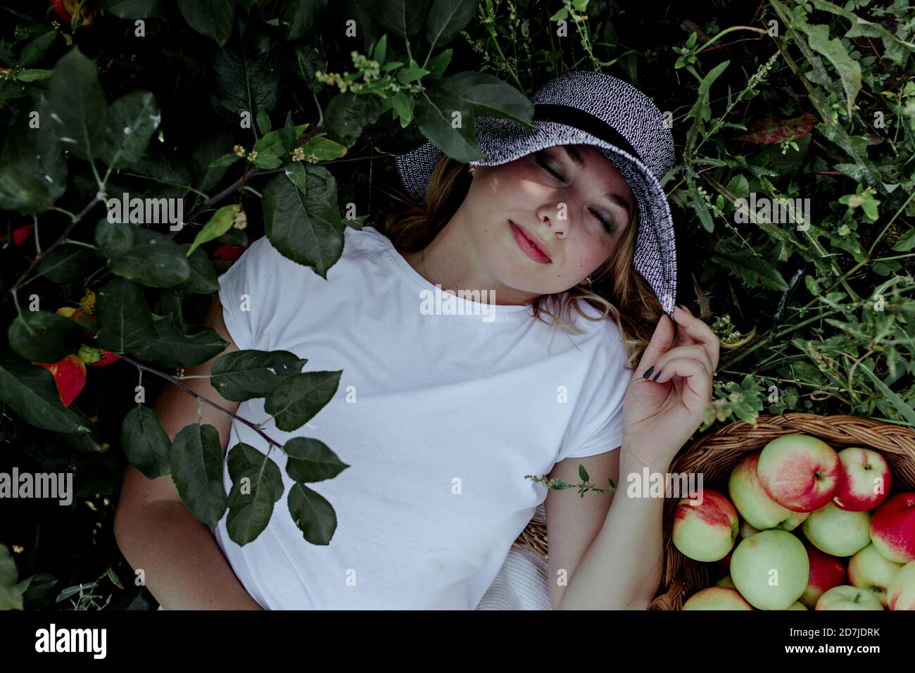 Femme adulte de taille moyenne portant un chapeau endormi par les pommes sur la terre dans le verger Banque D'Images