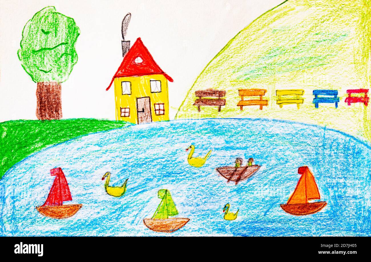 Dessin d'enfant avec des bateaux à voile et des cygnes sur le lac Banque D'Images