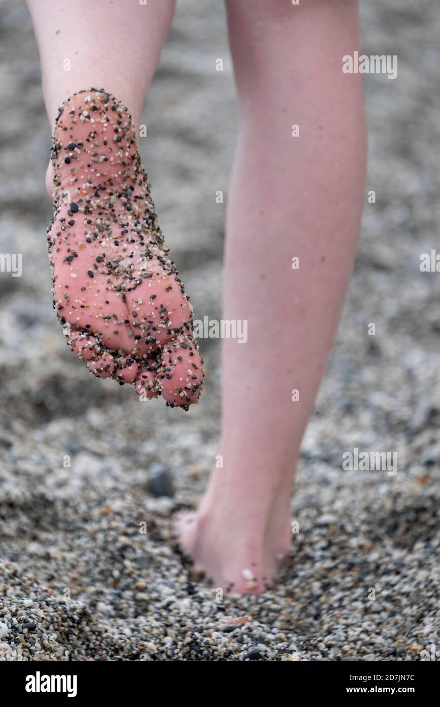 Femme pied recouvert de gravier en se tenant sur la plage Banque D'Images