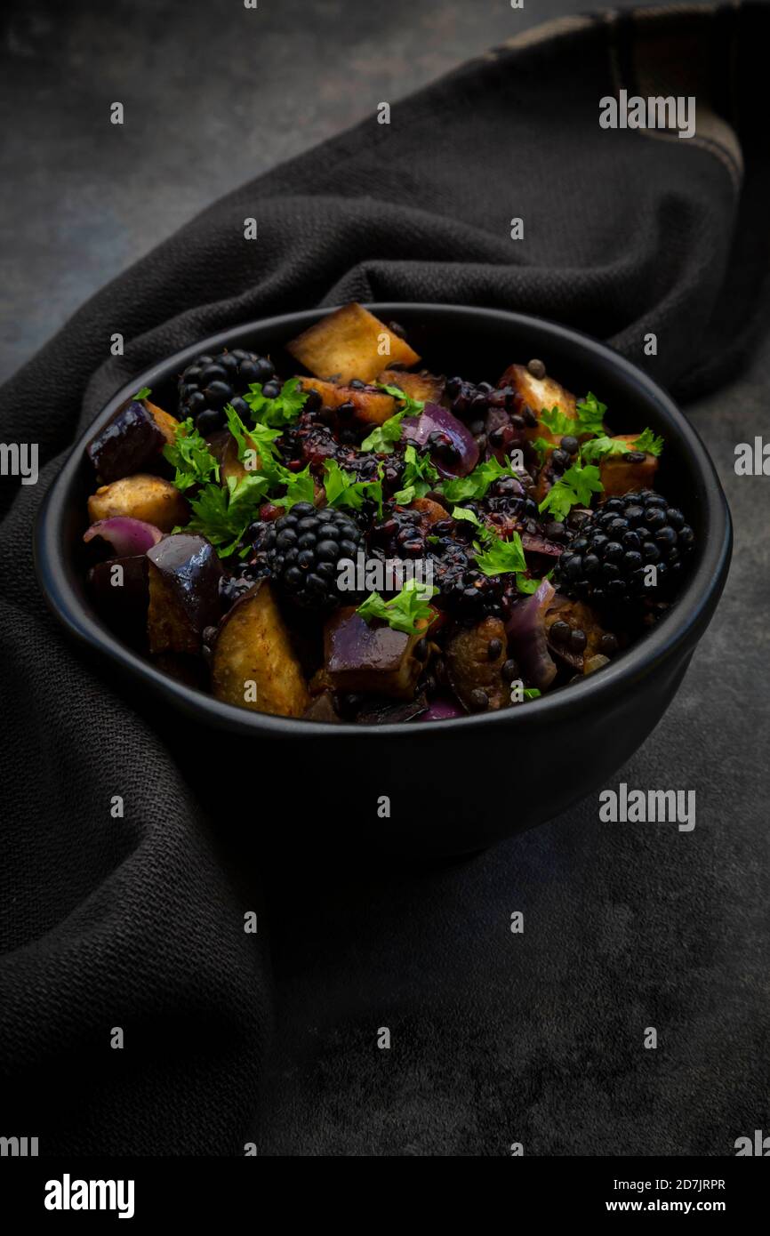 Studio shot de bol de salade végétarienne avec aubergines, lentilles de béluga, oignon espagnol, mûres, vinaigrette et persil Banque D'Images