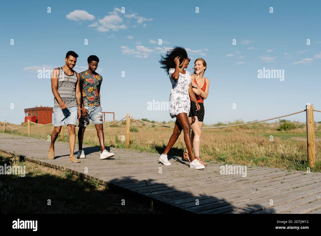 Des amis joyeux se promenant ensemble sur le sentier pendant la journée ensoleillée Banque D'Images Des amis joyeux se promenant ensemble sur le sentier pendant la journée ensoleillée Banque D'Images