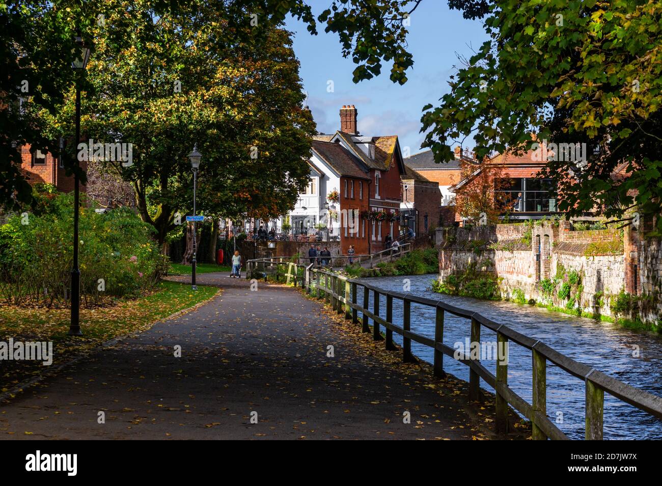 Une scène automnale le long des rives de la rivière Itchen à Winchester, Hampshire, Angleterre. Banque D'Images