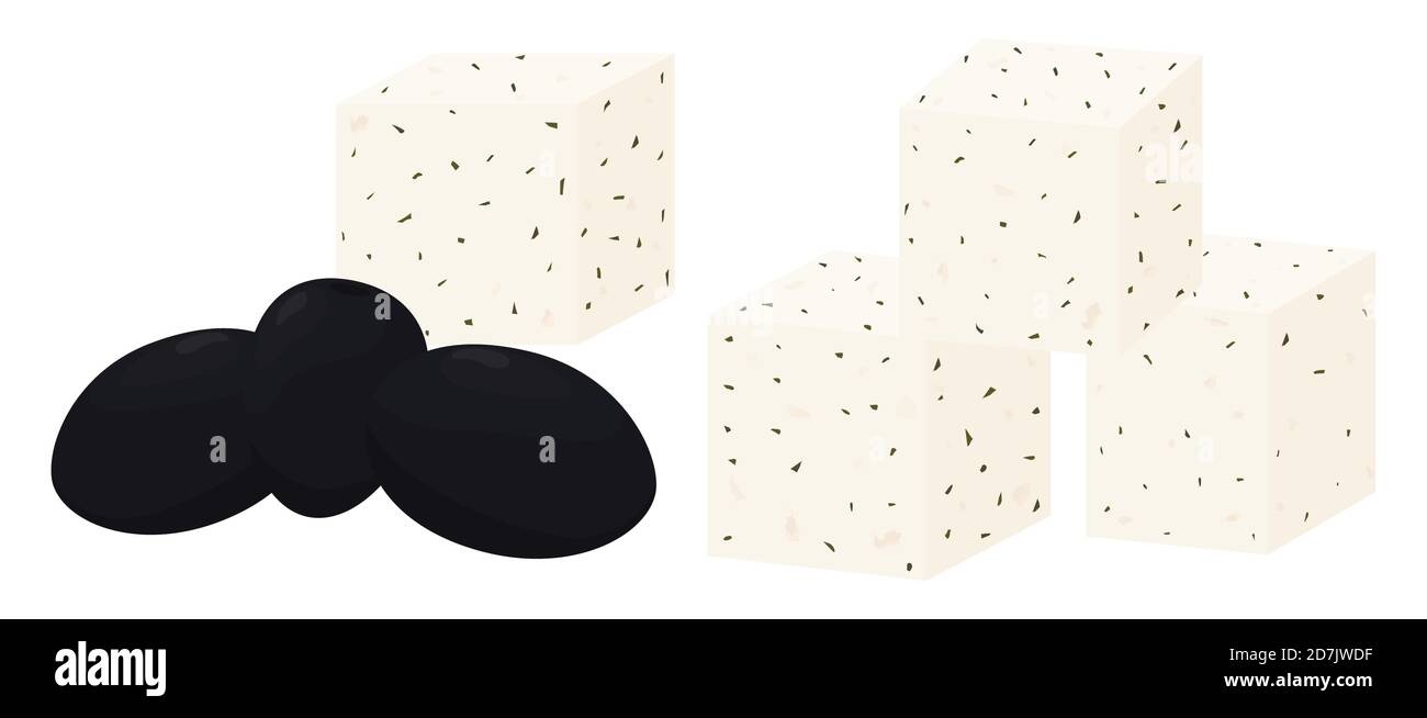 Fromage feta doux aux épices et aux olives isolées sur fond blanc. Illustration vectorielle de style plat classique de la gastronomie grecque. Journal frais produ Illustration de Vecteur