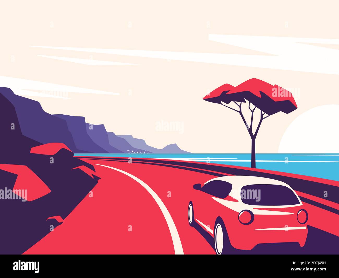 Illustration vectorielle d'une voiture rouge se déplaçant le long de l'océan route de montagne Illustration de Vecteur