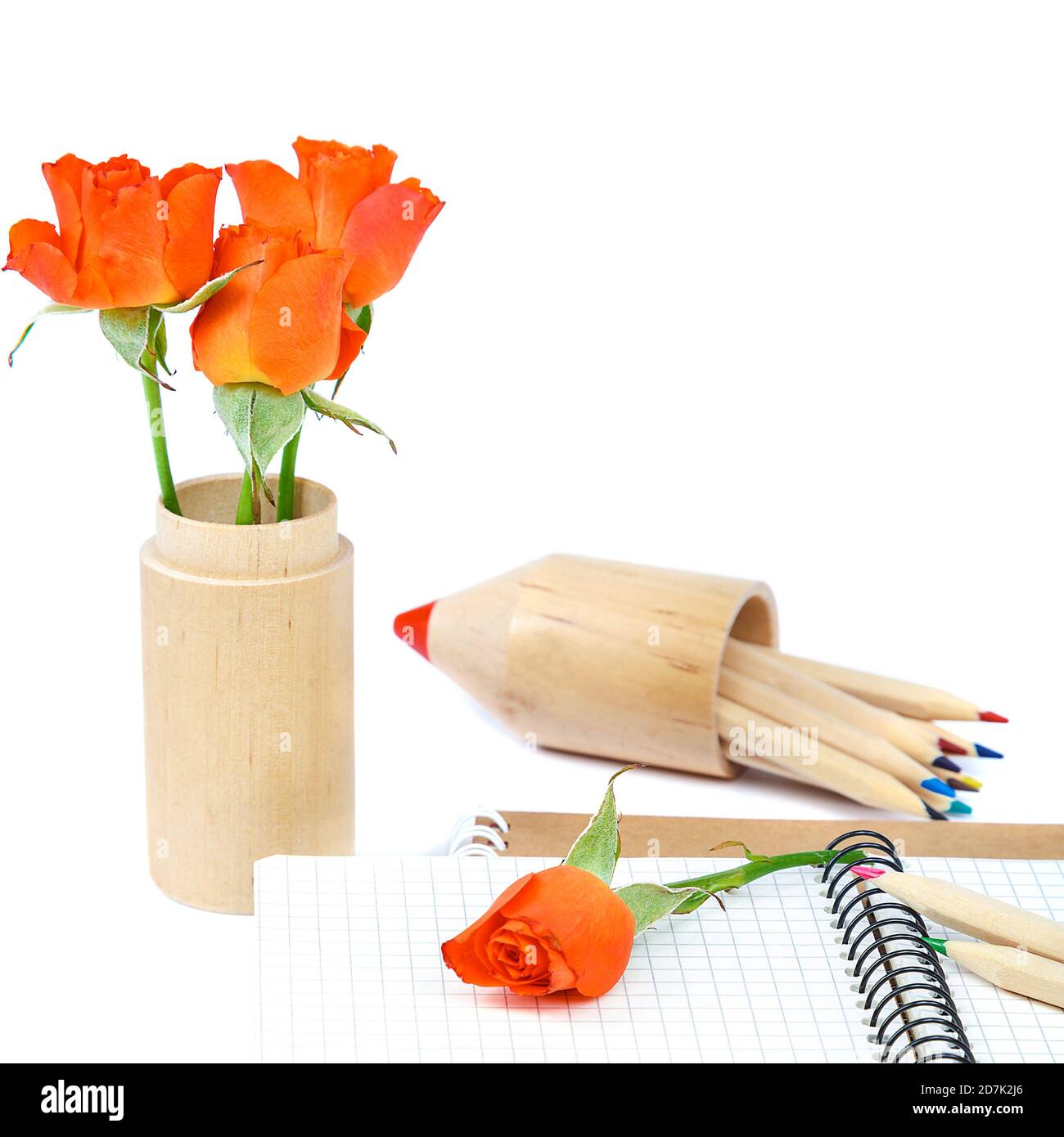 Crayons de couleur, carnets et fleurs roses isolés sur fond blanc. Banque D'Images