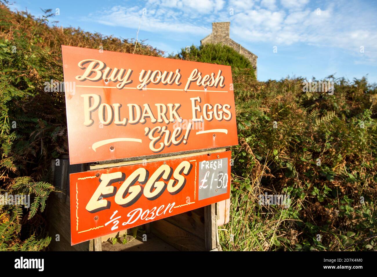 Un panneau sur les oeufs Poldark dans la vallée de Kenidjack, Cornwall, Royaume-Uni. Banque D'Images