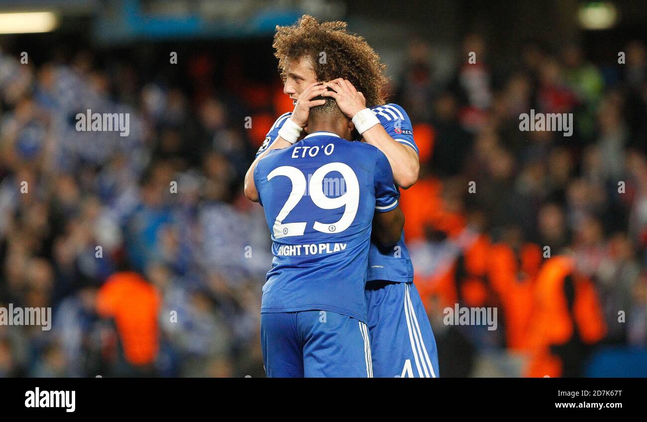 Felipe Luis et Samuel ETO'o du FC Chelsea lors de la Ligue des champions de l'UEFA, match de football entre le FC Chelsea et Paris Saint-Germain le 08 avril 2014 au stade Stamford Bridge à Paris, France - photo Laurent Lairys / DPPI Banque D'Images