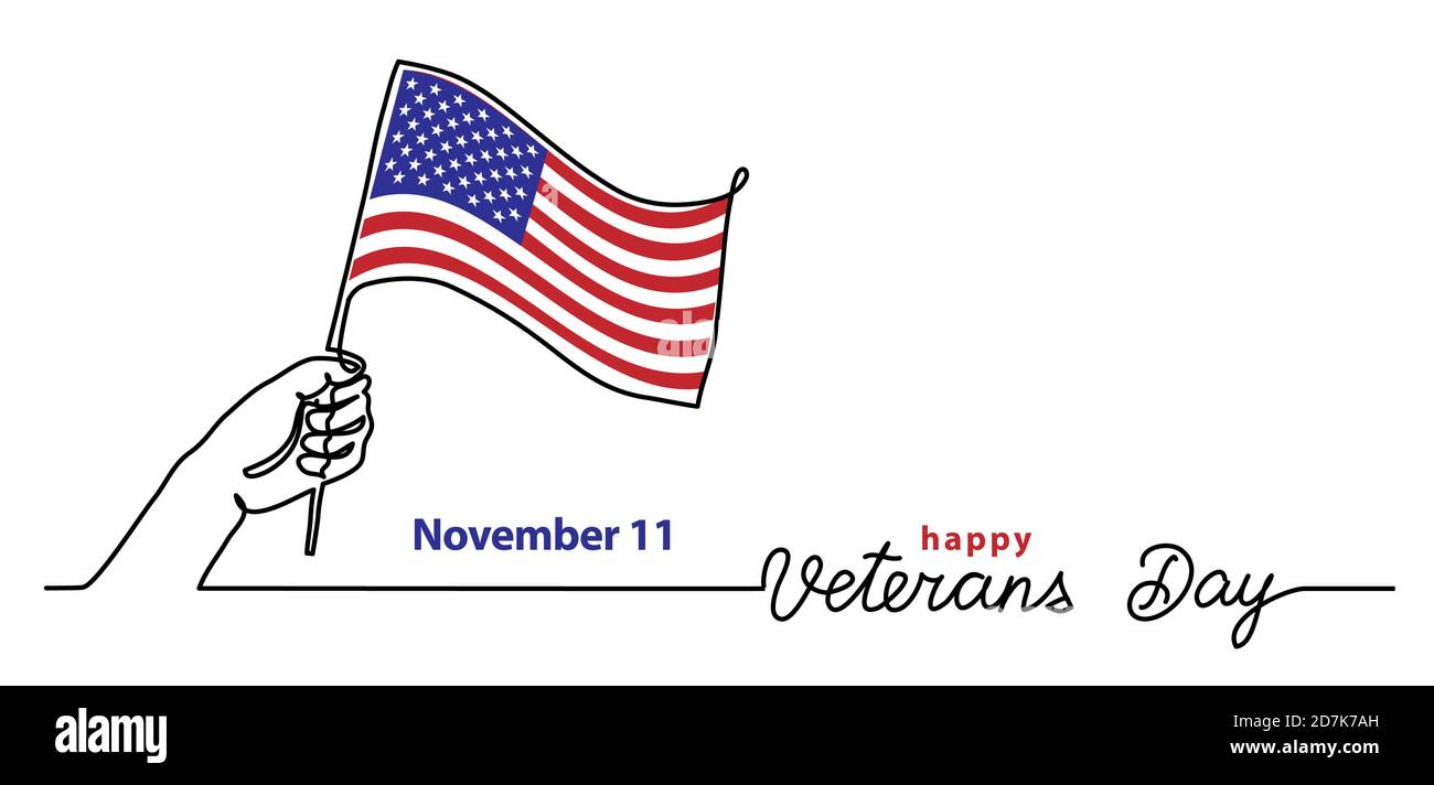 Bannière vectorielle simple de la fête des vétérans, affiche, arrière-plan avec drapeau et main. Illustration d'une seule ligne avec texte Happy Veterans Day Illustration de Vecteur