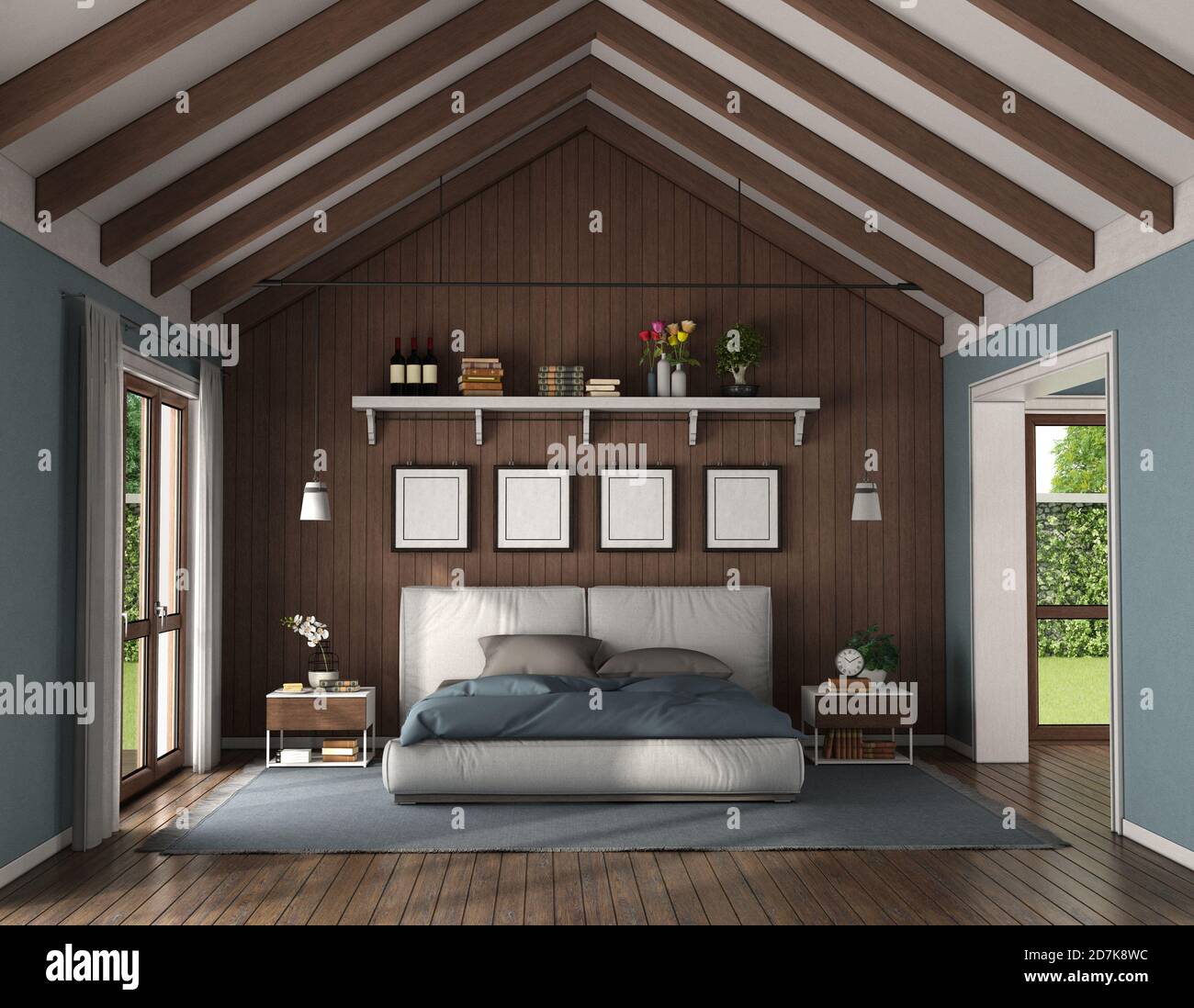 Chambre élégante avec mur en bois derrière un lit double moderne et table  de nuit - rendu 3d Photo Stock - Alamy