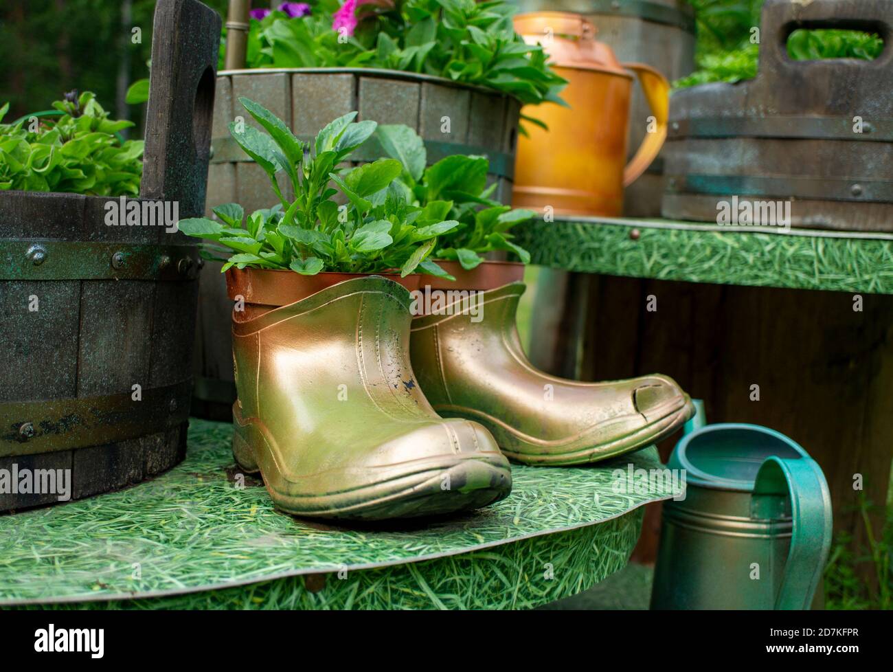 Pot de fleurs fait à la main d'anciennes bottes en caoutchouc dans le jardin d'été. Concept ECO Banque D'Images